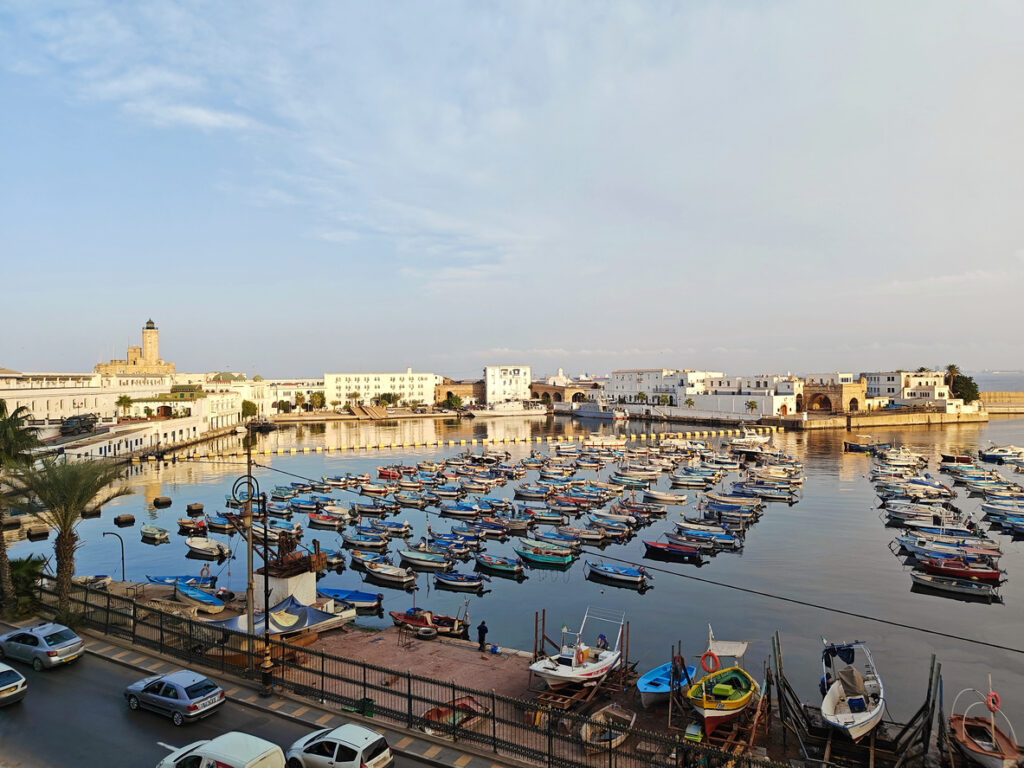 Hafenbecken in Algier mit vielen kleinen Booten und heller Uferpromenade.