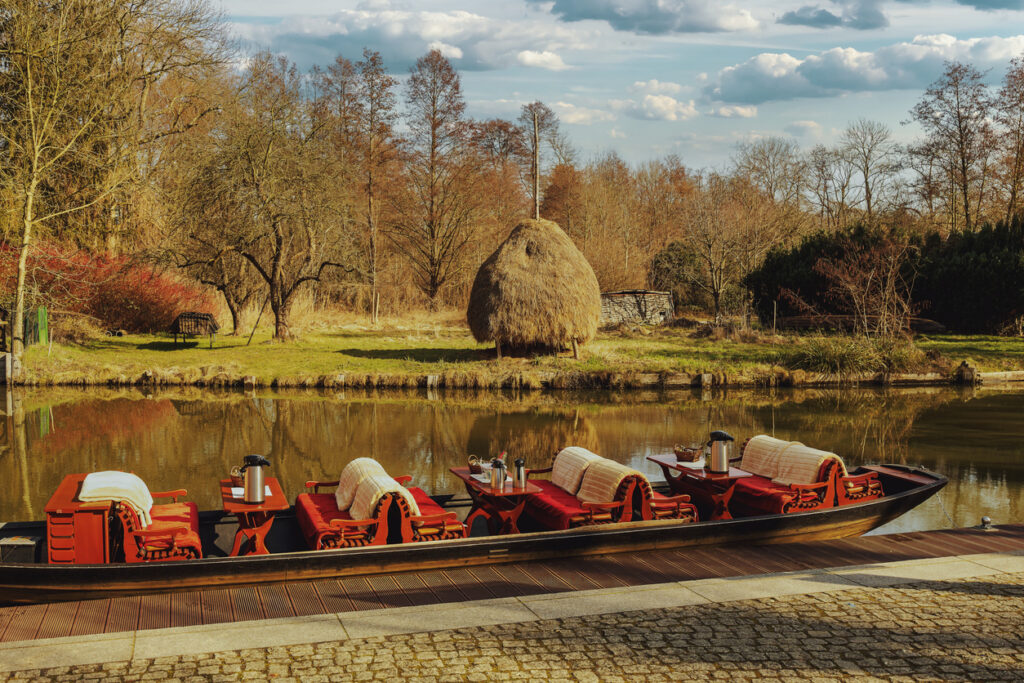 Spreewaldkahn mit roten Polstern liegt am Ufer vor einem ruhigen Wasserlauf und einer Wiese.