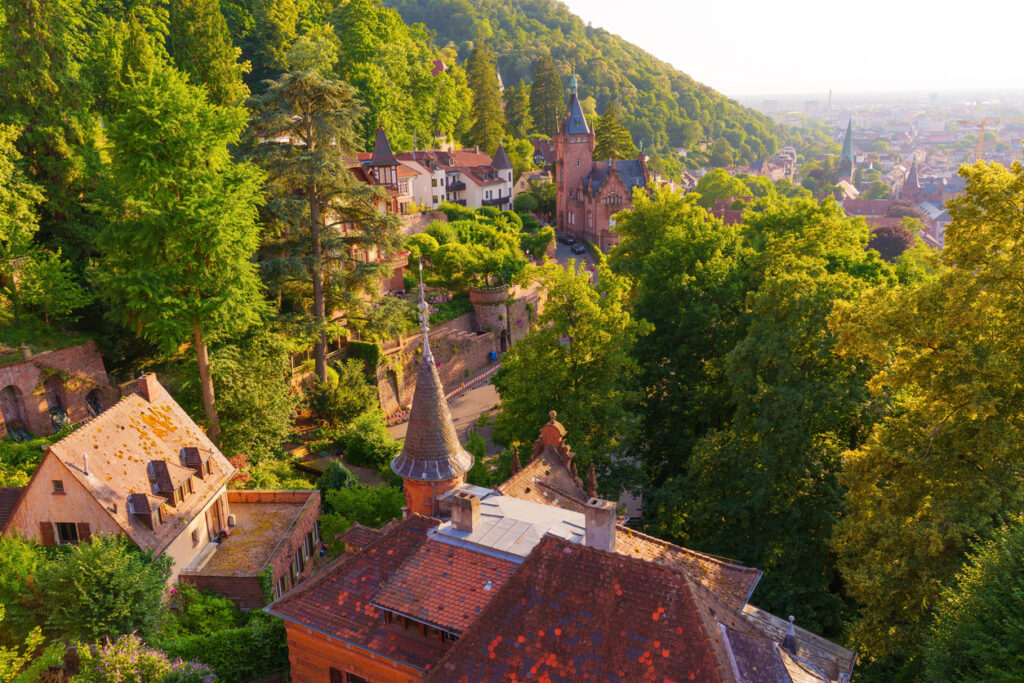 Ein Blick von oben auf historische Villen mit Türmchen, die eingebettet in dichtes Grün am Hang über Heidelberg liegen.