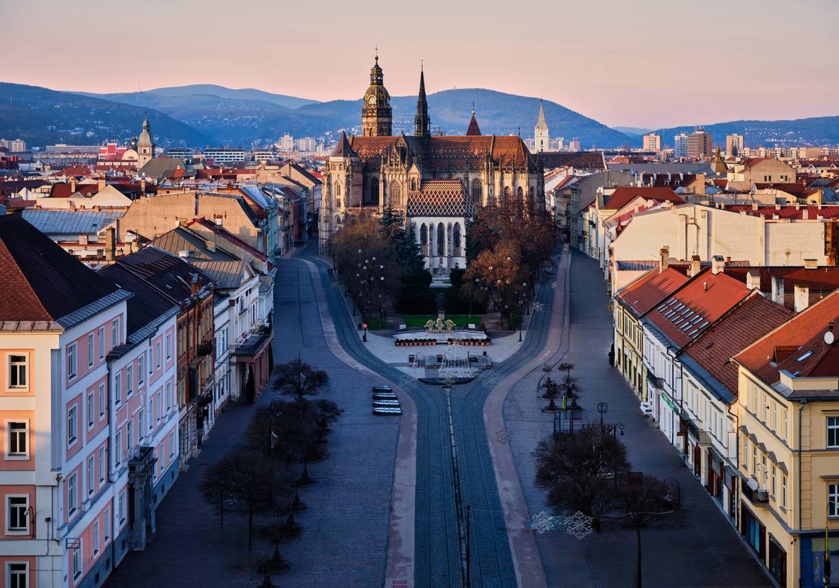 Blick über eine breite Straße zur gotischen Kathedrale mit buntem Dach und Bergen am Horizont.
