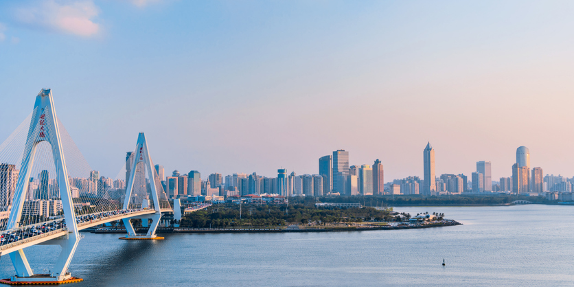 Eine weite Panoramaaufnahme zeigt eine moderne Schrägseilbrücke im Vordergrund und die imposante Skyline einer Großstadt am Wasser im Abendlicht.